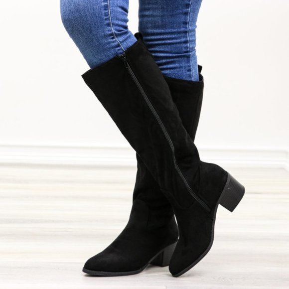 Pointy Toe Below The Knee Black Boots Faux Suede - Picture 2 of 11